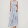 Blue & white striped maxi dress with sleeveless, V-neck, wrap design, featuring a simple elegant style, suitable for daily wear or vacations.