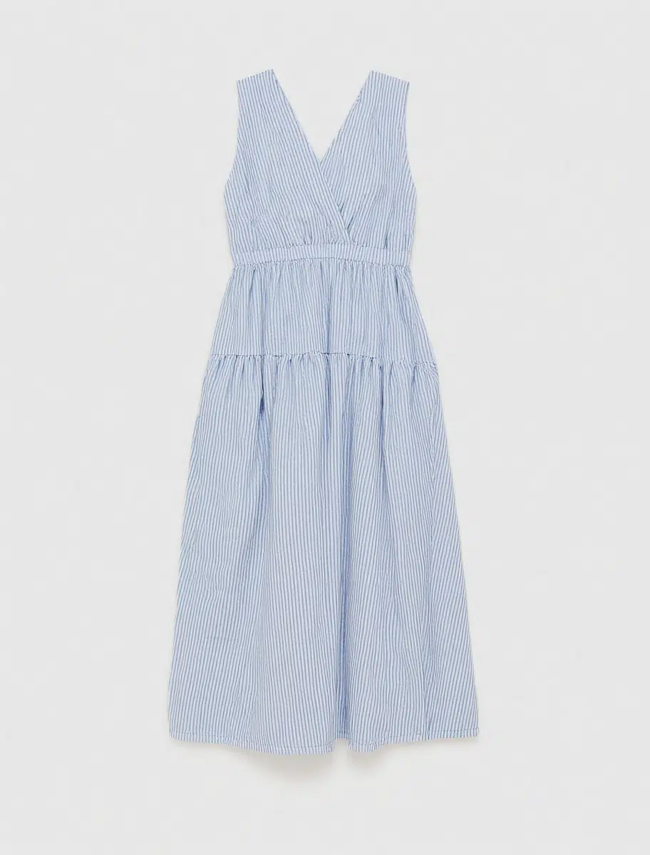 Blue & white striped maxi dress with sleeveless, V-neck, wrap design, featuring a simple elegant style, suitable for daily wear or vacations.