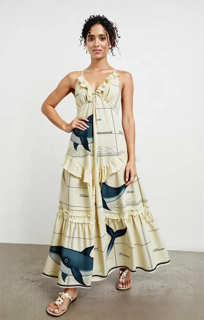 Cream maxi dress with whale print, ruffle details, tiered skirt, slip design, featuring a fresh playful & vacation-ready style, suitable for casual wear or getaways.