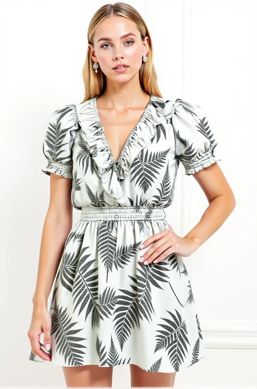 Fern print ruffle trim dress, elegant and delicate for spring/summer wear.