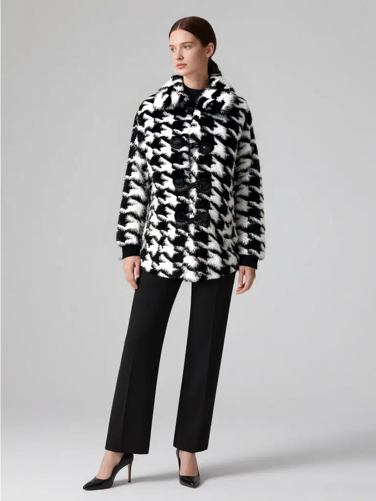 black-white-houndstooth-faux-fur-duffle-coat.webp Black & white houndstooth duffle coat with faux fur, featuring a retro & warm style, suitable for autumn/winter wear.