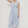 Blue & white striped maxi dress with sleeveless, V-neck, wrap design, featuring a simple elegant style, suitable for daily wear or vacations.