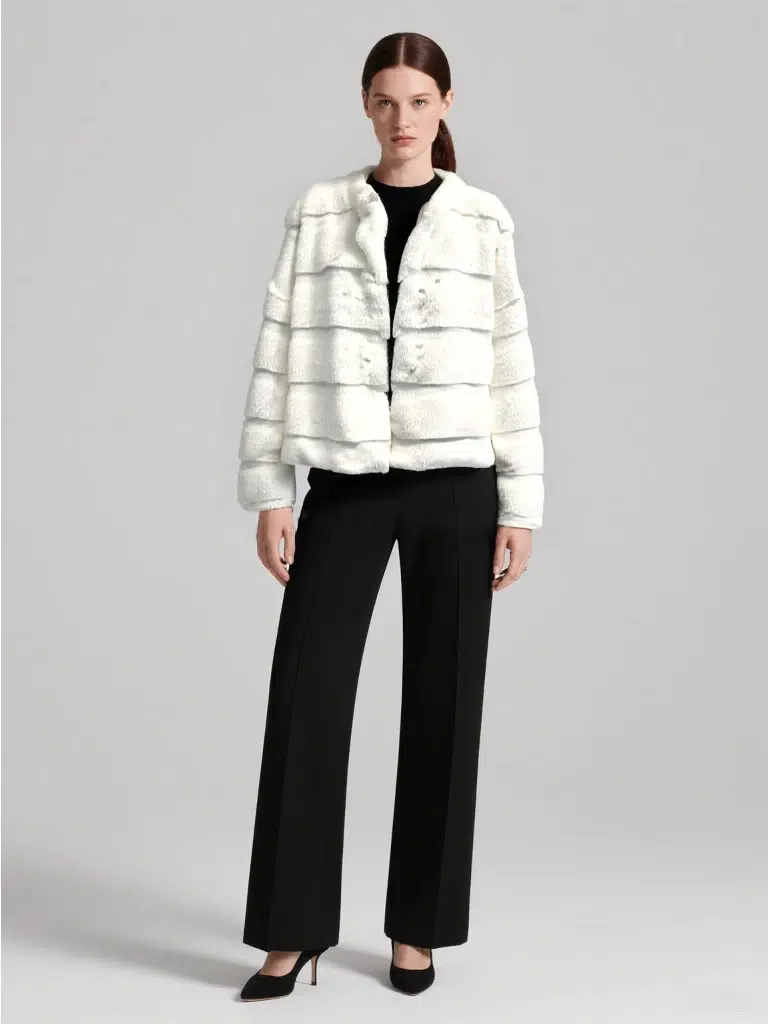 White short jacket with textured faux fur and stripes, featuring a warm & stylish look, suitable for autumn/winter wear.