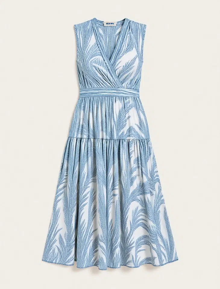 Blue & white maxi dress with leaf print, featuring wrap design, tiered skirt, and an elegant natural style, suitable for daily wear or vacations.