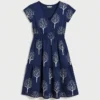 Navy blue wrap midi dress with tree print, featuring tiered design, V-neck, short sleeves, and an elegant natural style, suitable for daily wear or mature casual looks.