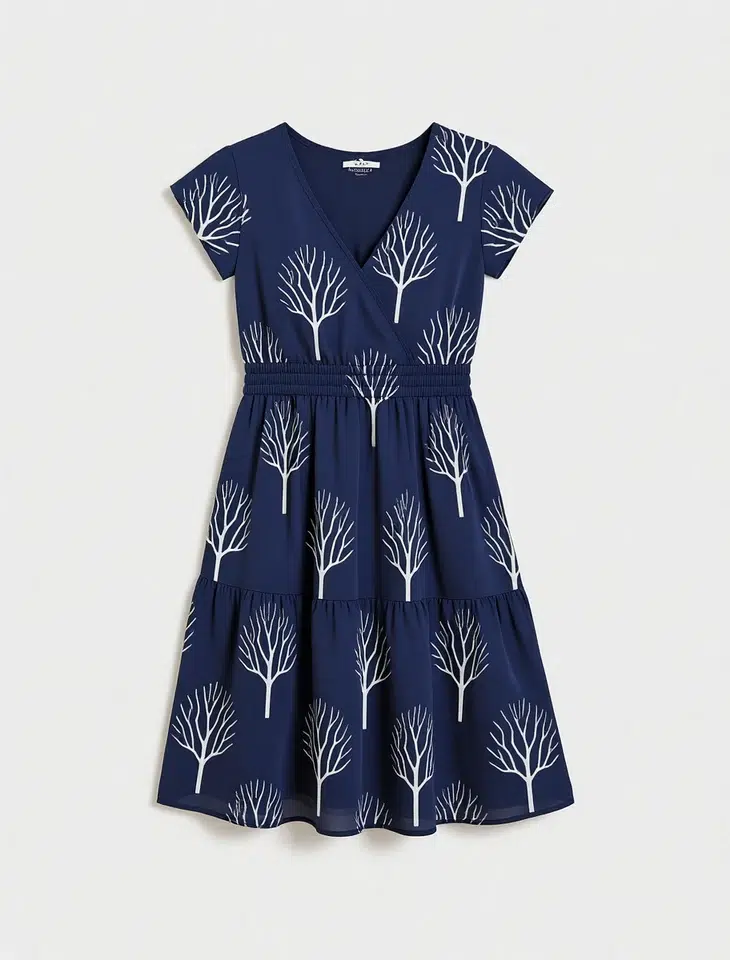 Navy blue wrap midi dress with tree print, featuring tiered design, V-neck, short sleeves, and an elegant natural style, suitable for daily wear or mature casual looks.