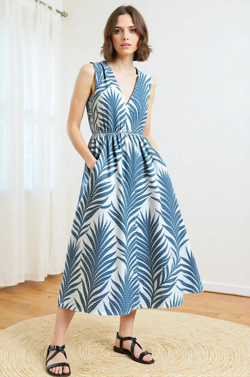 blue-palm-leaf-print-sleeveless-dress.webp Blue palm leaf print sleeveless dress with black sandals, fresh and elegant for spring/summer wear.