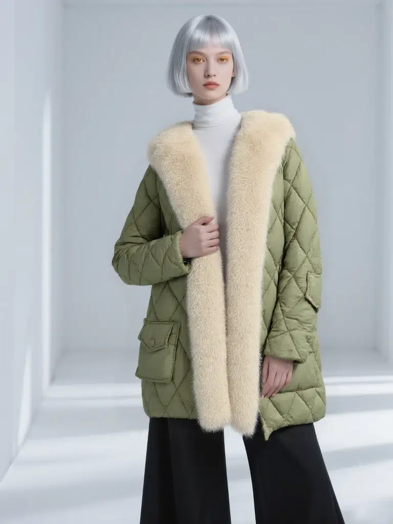 Sage green quilted puffer jacket with faux fur hood, warm & stylish, suitable for autumn/winter warmth.