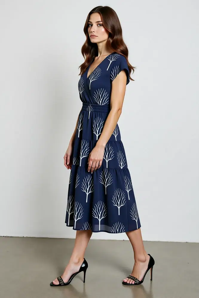 Navy blue wrap midi dress with tree print, featuring tiered design, V-neck, short sleeves, and an elegant natural style, suitable for daily wear or mature casual looks.