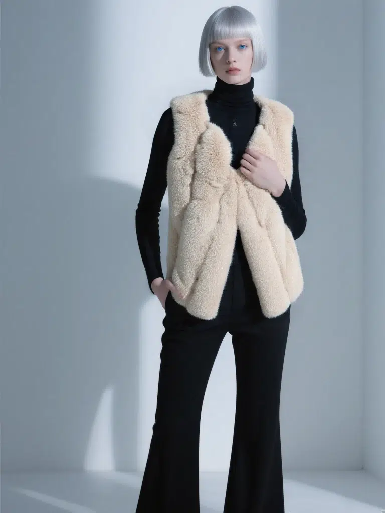 Beige vest with textured faux fur, featuring a warm & stylish look, suitable for autumn/winter wear.