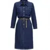 Dark blue belted denim shirt dress with collar, front buttons, pockets, featuring a minimalist and elegant design, suitable for daily or light formal wear.