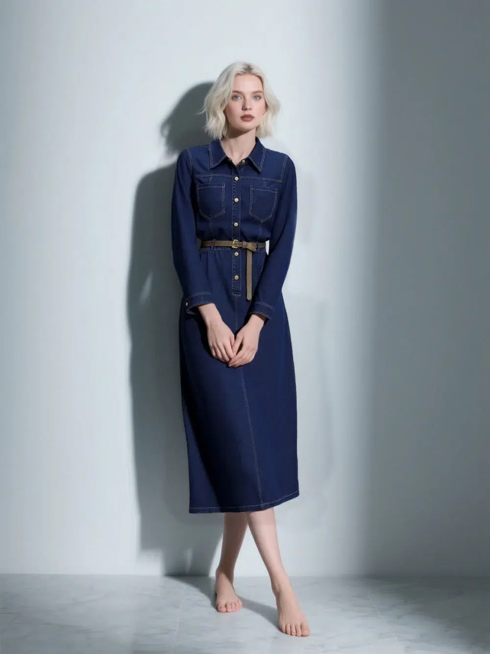 Dark blue belted denim shirt dress with collar, front buttons, pockets, featuring a minimalist and elegant design, suitable for daily or light formal wear.