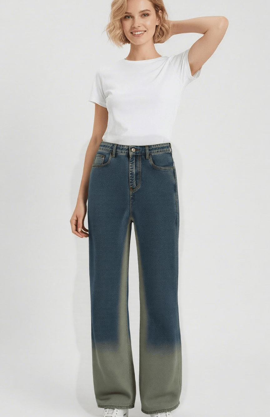 Gradient wash wide - leg jeans made of denim fabric, paired with a white short - sleeve top, featuring a casual and versatile design, suitable for daily wear.