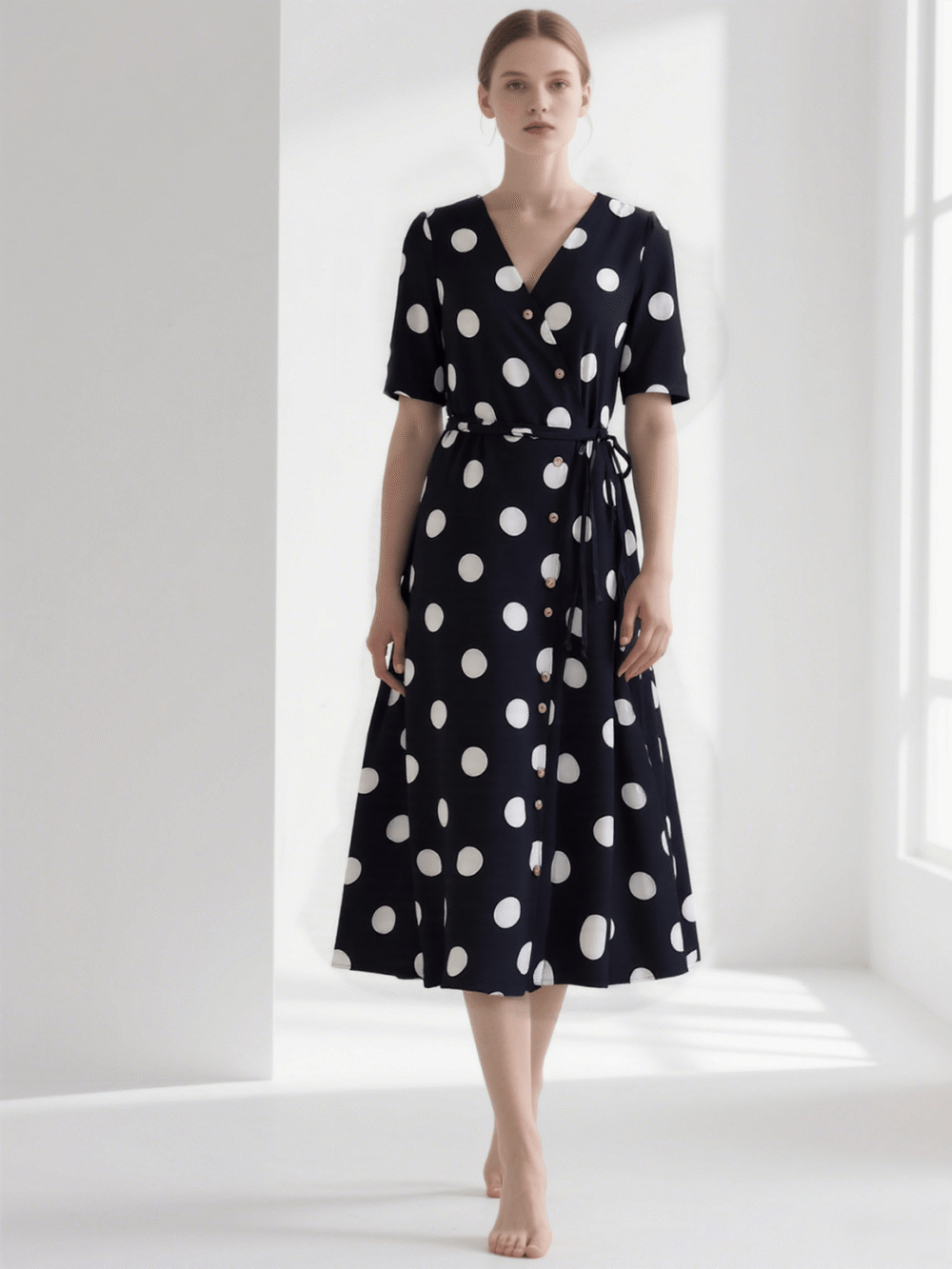 Polka Dot Wrap Midi Dress with Belt – Black & White