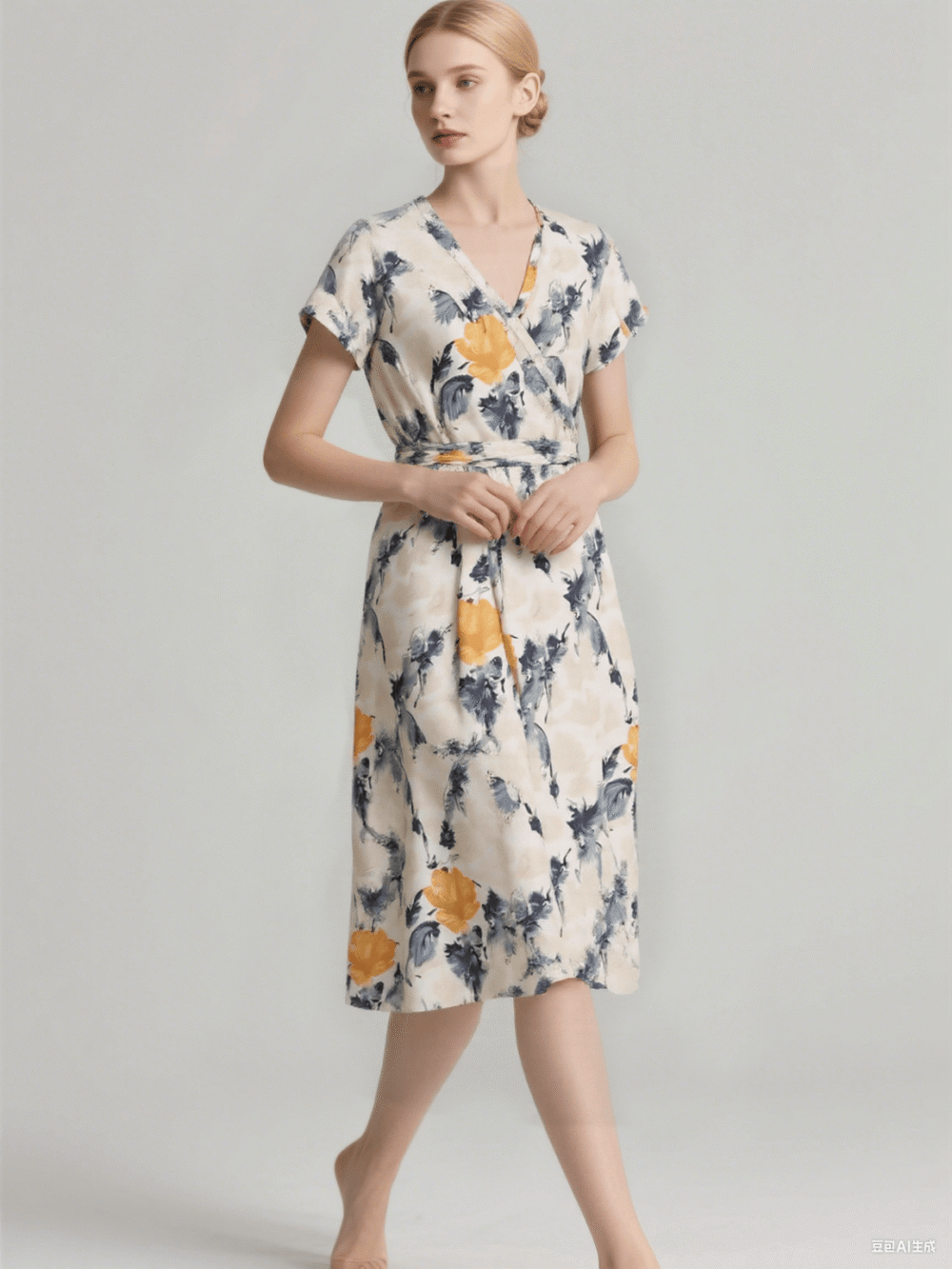 floral-wrap-midi-dress-with-belt-beige-base.png Floral wrap midi dress with belt on a beige base, featuring an elegant and romantic style, suitable for daily wear or mature casual looks.
