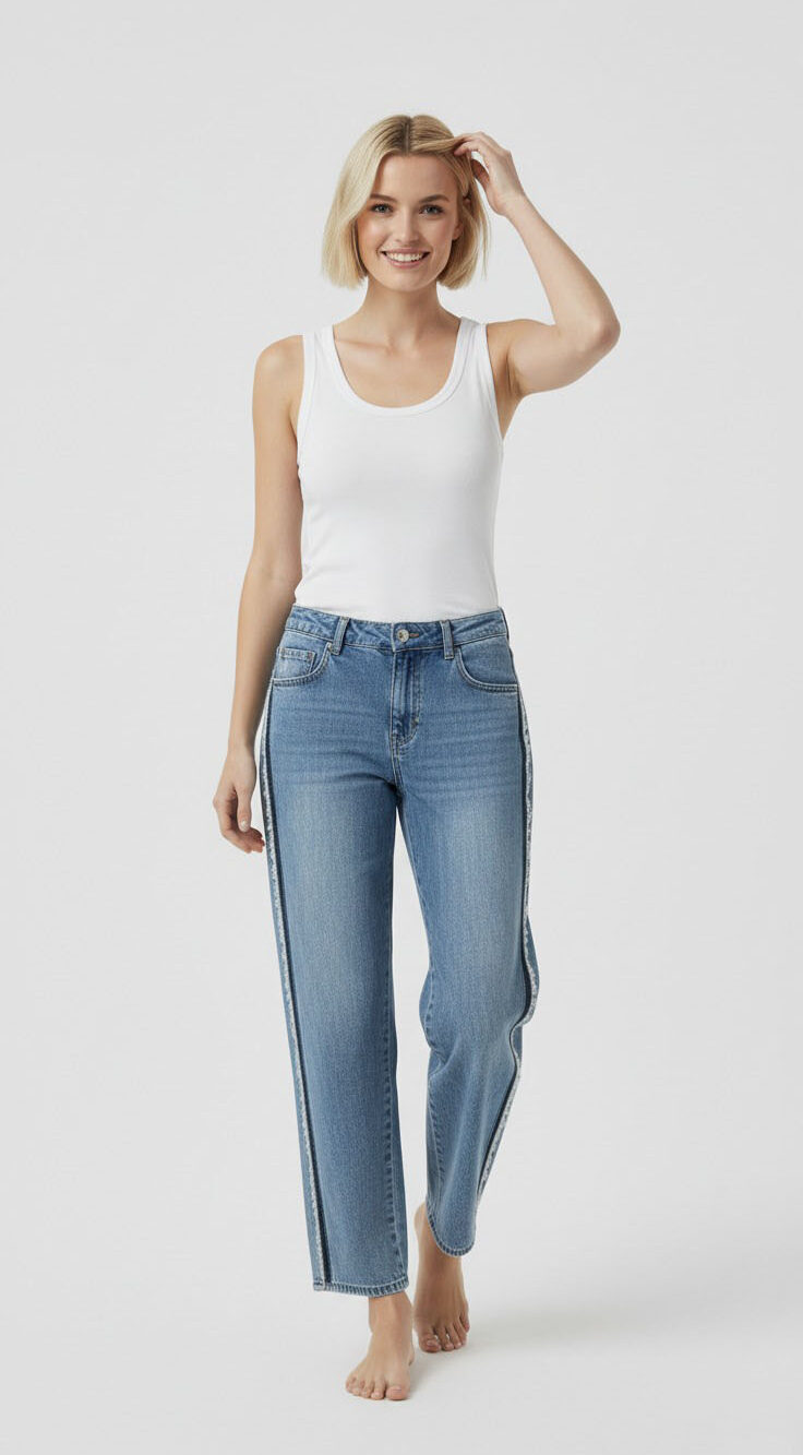 Light blue side - stripe frayed denim straight jeans paired with a white tank top, featuring a casual and unique design, suitable for daily wear.