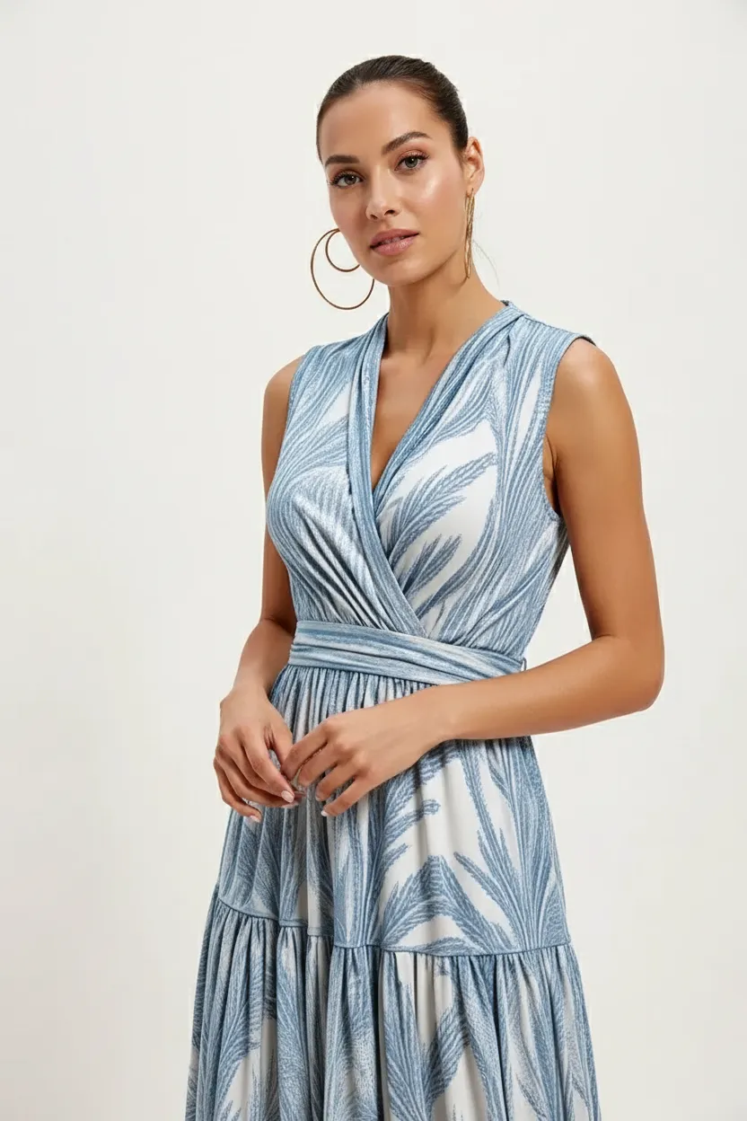 Woman wearing a sleeveless blue and white botanical - print wrap midi dress