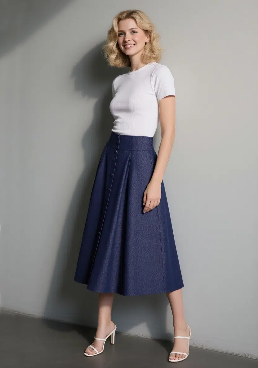 Button - Front Denim Midi Skirt
