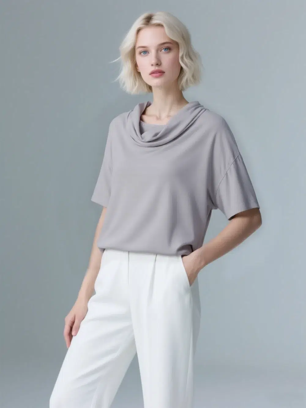 Light gray draped neck short - sleeve top paired with white bottoms, featuring a minimalist and elegant design, suitable for daily or light business wear.