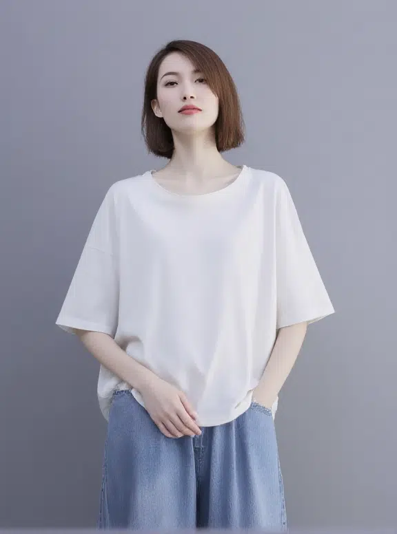 White loose short - sleeve top with casual and comfortable design, paired with denim wide - leg pants, suitable for daily wear.