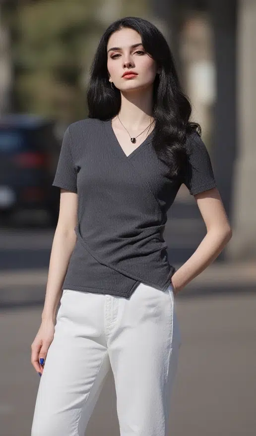 Dark gray V - neck short - sleeve top with side draping, paired with white bottoms, featuring a minimalist and elegant design, suitable for daily or light business wear.