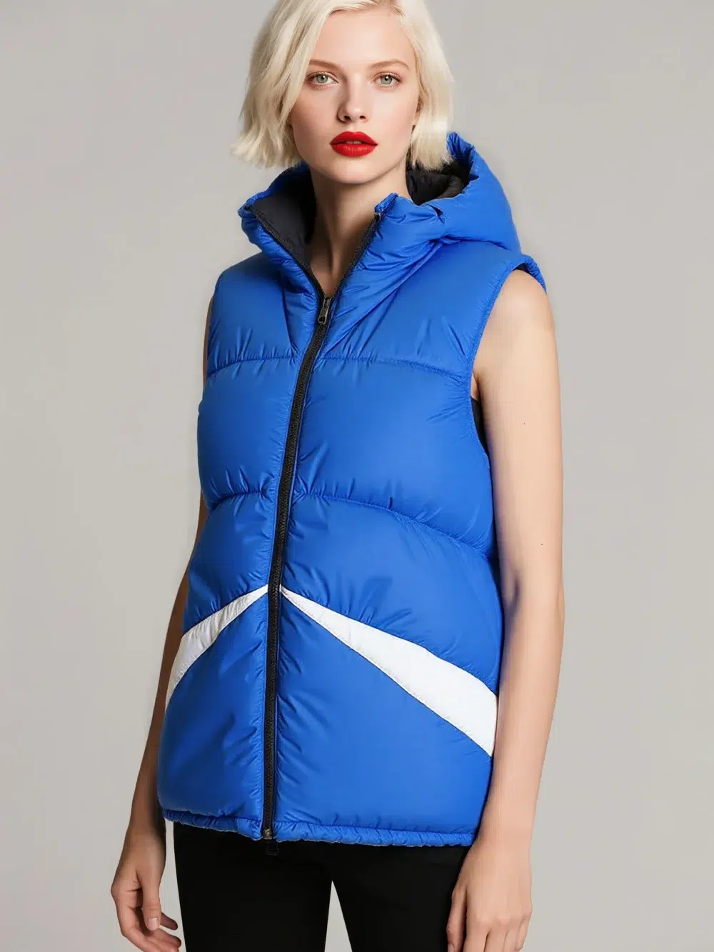Blue and white color - block hooded puffer vest with casual, warm, and fashionable design, suitable for autumn and winter.