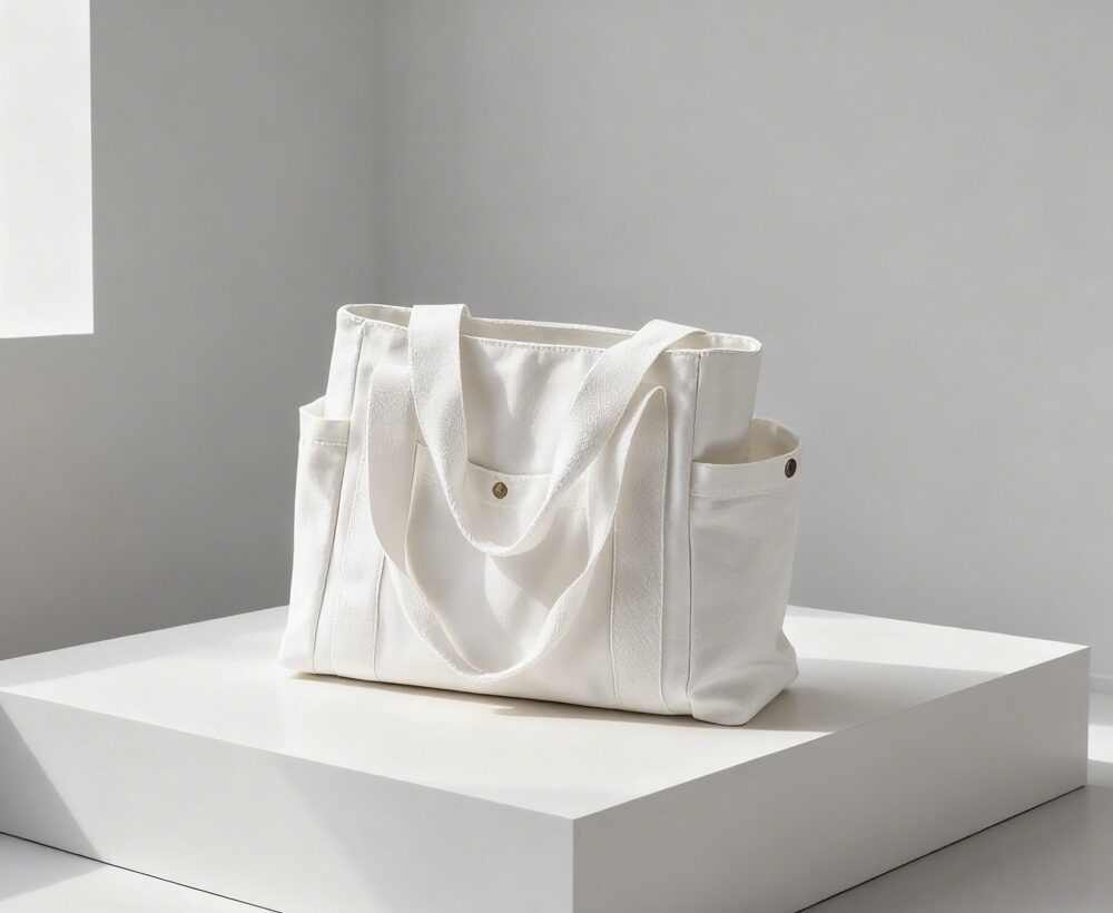 White canvas tote bag with multiple pockets (still life)