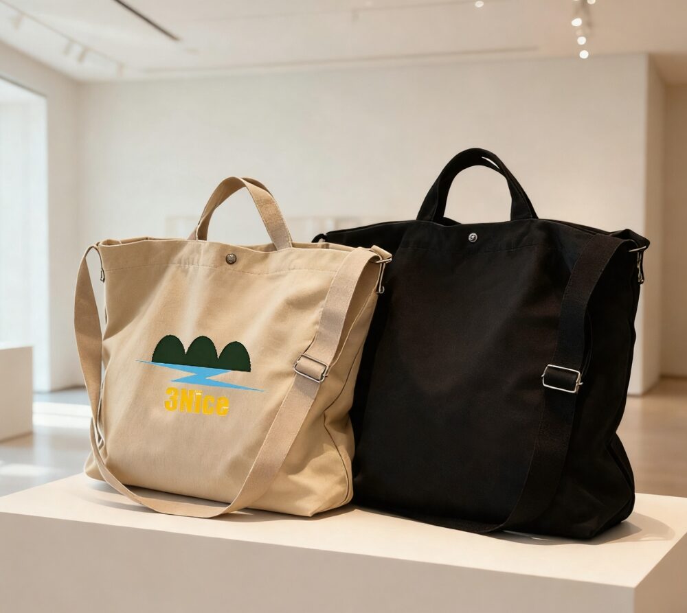Beige canvas tote bag with "3Nice" print and landscape graphic, plus black canvas tote bag (still life)
