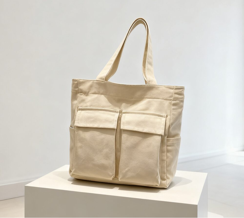 Beige canvas tote bag with multiple pockets (still life)