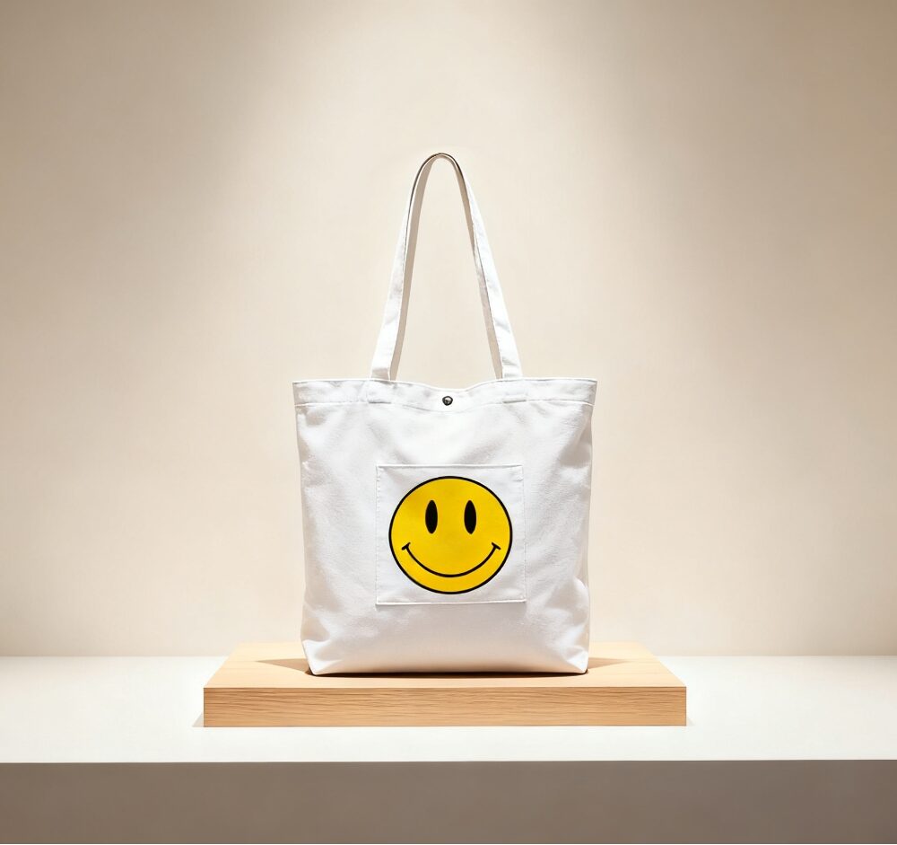 White canvas tote bag with yellow smiley face (still life)