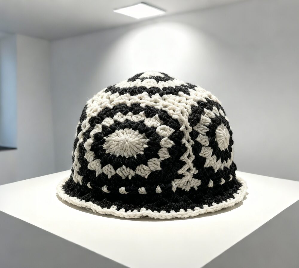 Black and white crochet bucket hat
