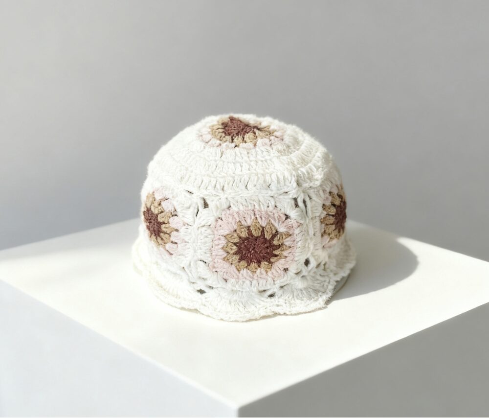 Ivory brown pink floral crochet bucket hat