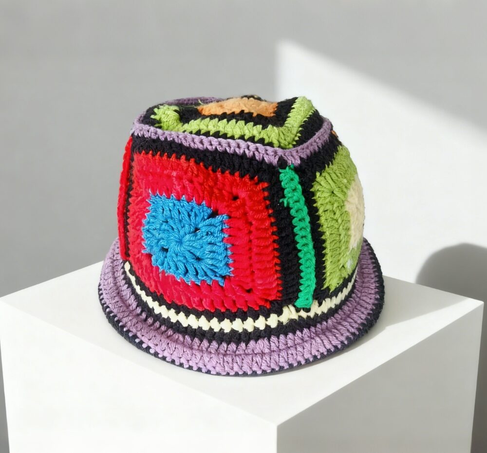 Multicolor granny square crochet bucket hat