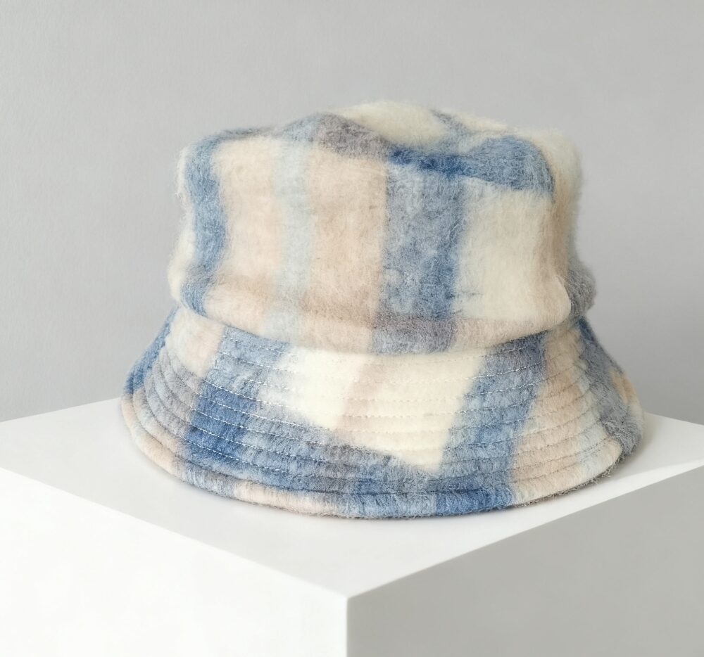 Blue and white plaid fuzzy bucket hat