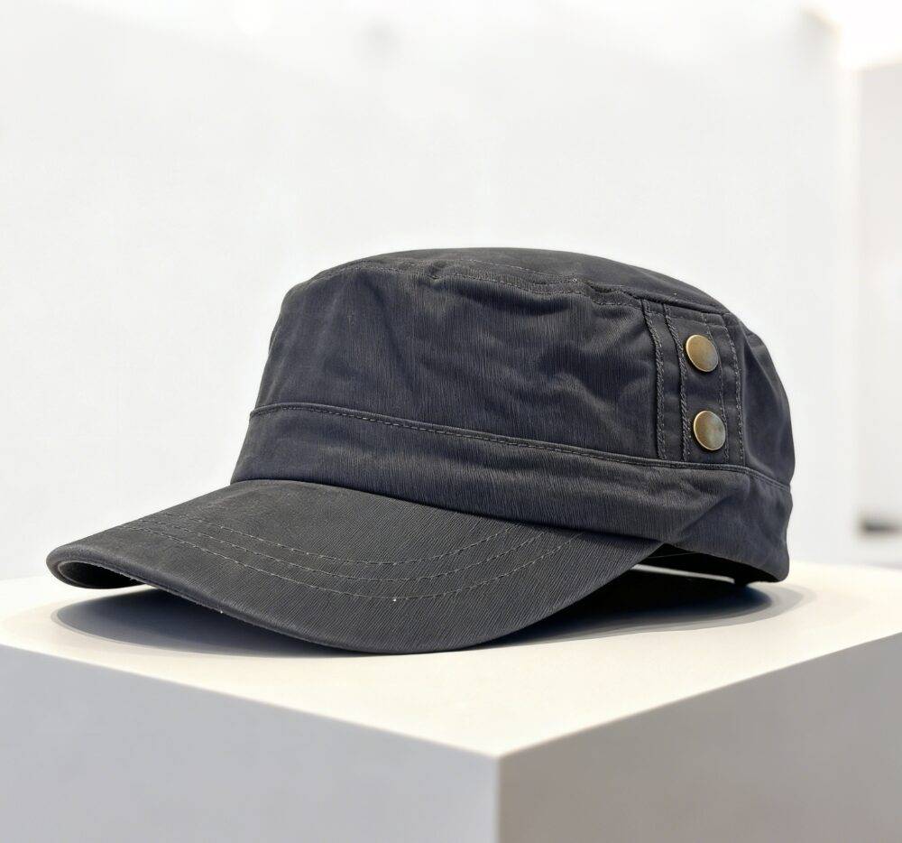 Dark gray military - style cap with brass buttons