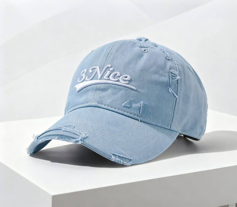 Light blue distressed denim baseball cap with "3Nice" embroidery