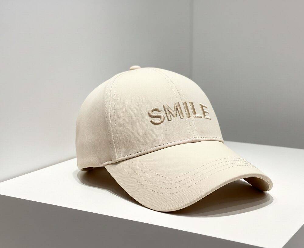 Beige baseball cap with "SMILE" embroidery
