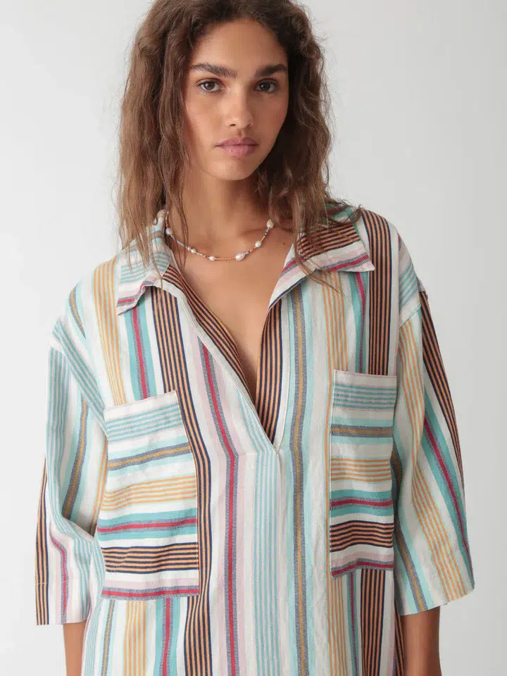 100% linen yarn - dyed striped shirt dress, with multi - stripe pattern and shirt - style design, offering a casual and fashionable look