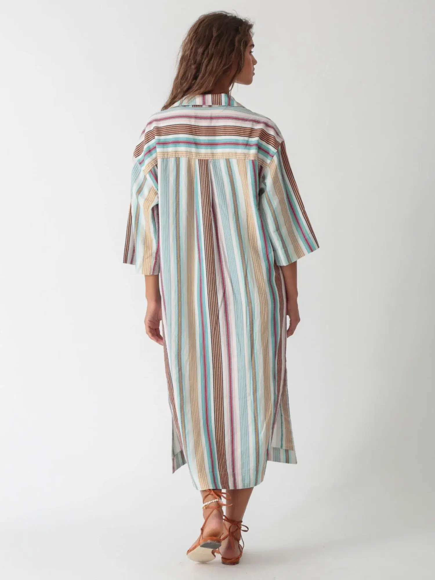 100% linen yarn - dyed striped shirt dress, featuring a long shirt - style design with multi - stripes, casual and fashionable look