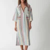 100% linen yarn - dyed striped shirt dress, featuring a long shirt - style design with multi - stripes, casual and fashionable look