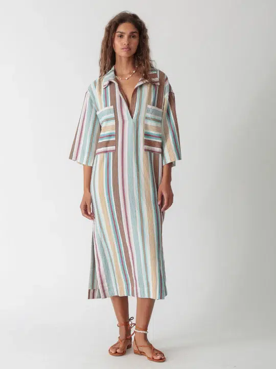 100-linen-yarn-dyed-striped-shirt-dress.webp 100% linen yarn - dyed striped shirt dress, featuring a long shirt - style design with multi - stripes, casual and fashionable look