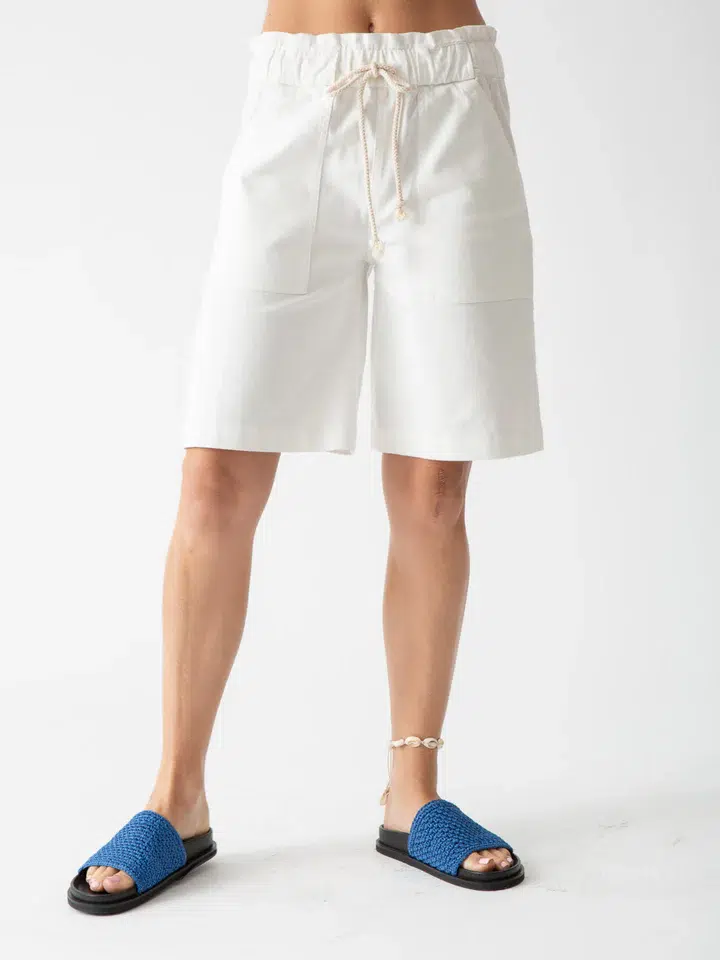 White classic casual shorts with blue sandals (front view)
