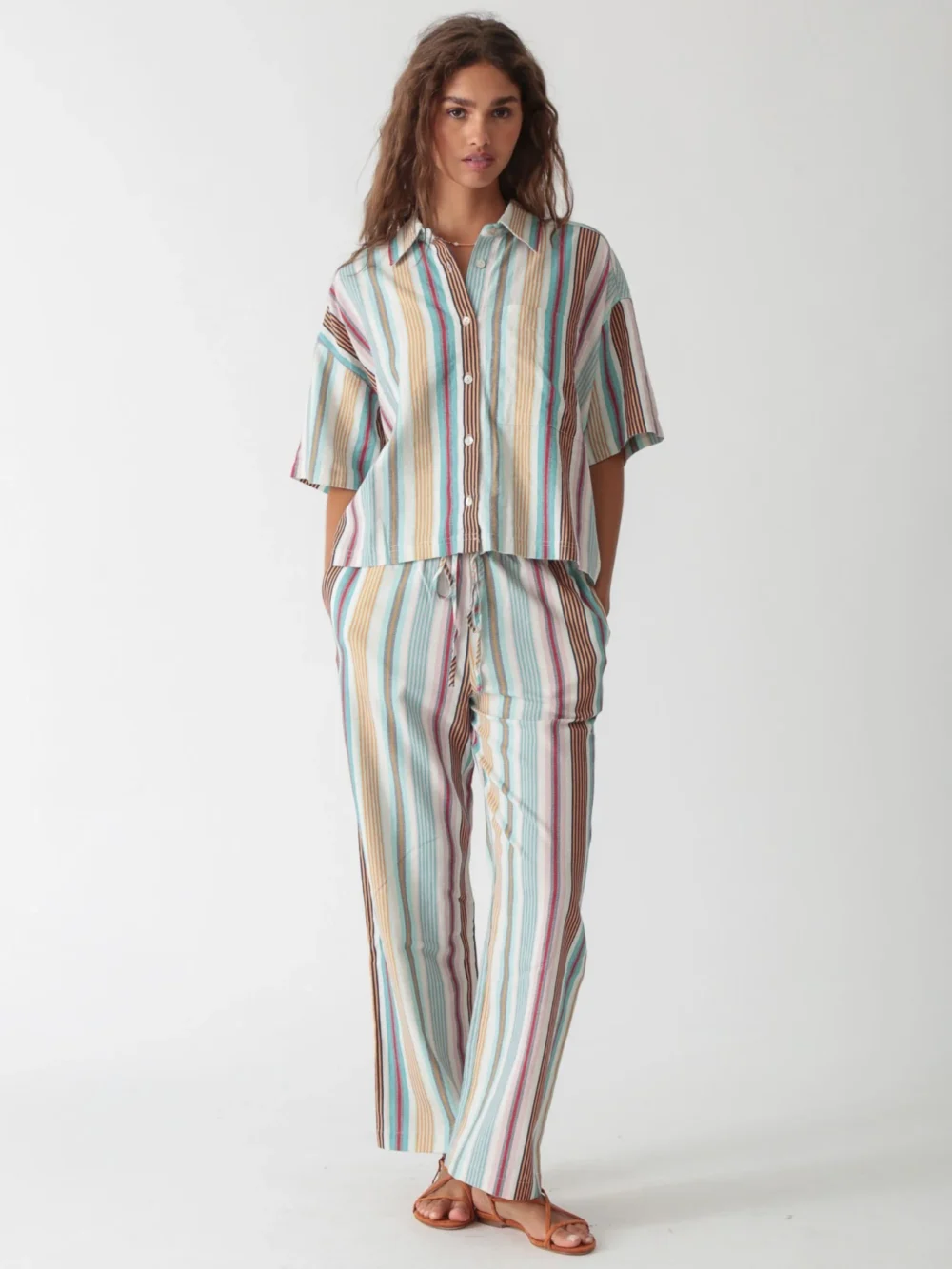100% linen yarn - dyed multi - striped loungewear set including a short - sleeved shirt and pants, casual and comfortable design