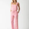 100% linen yarn - dyed pink and white striped set including a cropped open - back tank top and pants, casual and stylish design