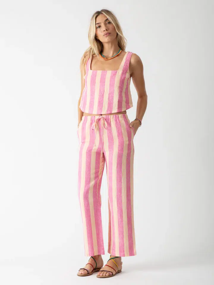 100% linen yarn - dyed pink and white striped set including a cropped open - back tank top and pants, casual and stylish design