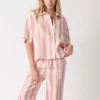 100% linen yarn - dyed pink and white striped loungewear set including a shirt and pants, casual and comfortable design