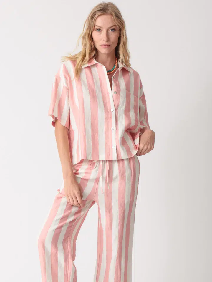 100% linen yarn - dyed pink and white striped loungewear set including a shirt and pants, casual and comfortable design