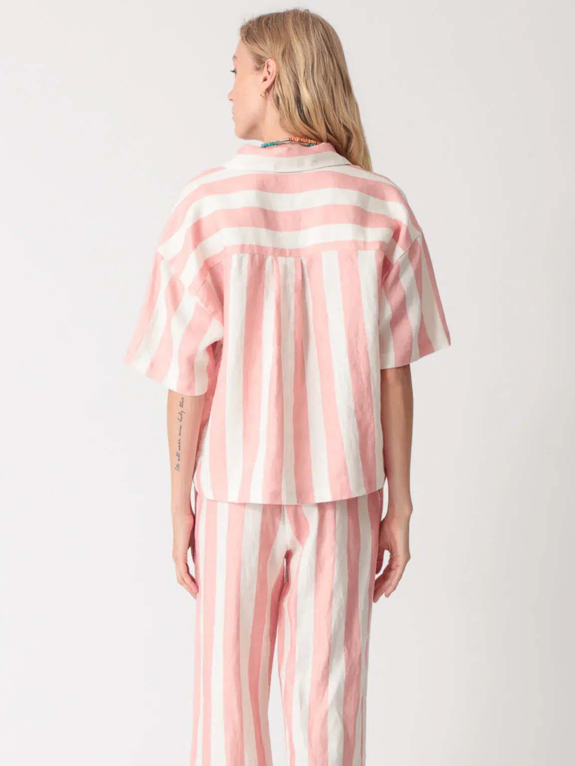 100% linen yarn - dyed pink and white striped loungewear shirt, part of a loungewear set, casual and comfortable design