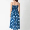 100% cotton printed spaghetti - strap midi dress with blue and white tie - dye pattern