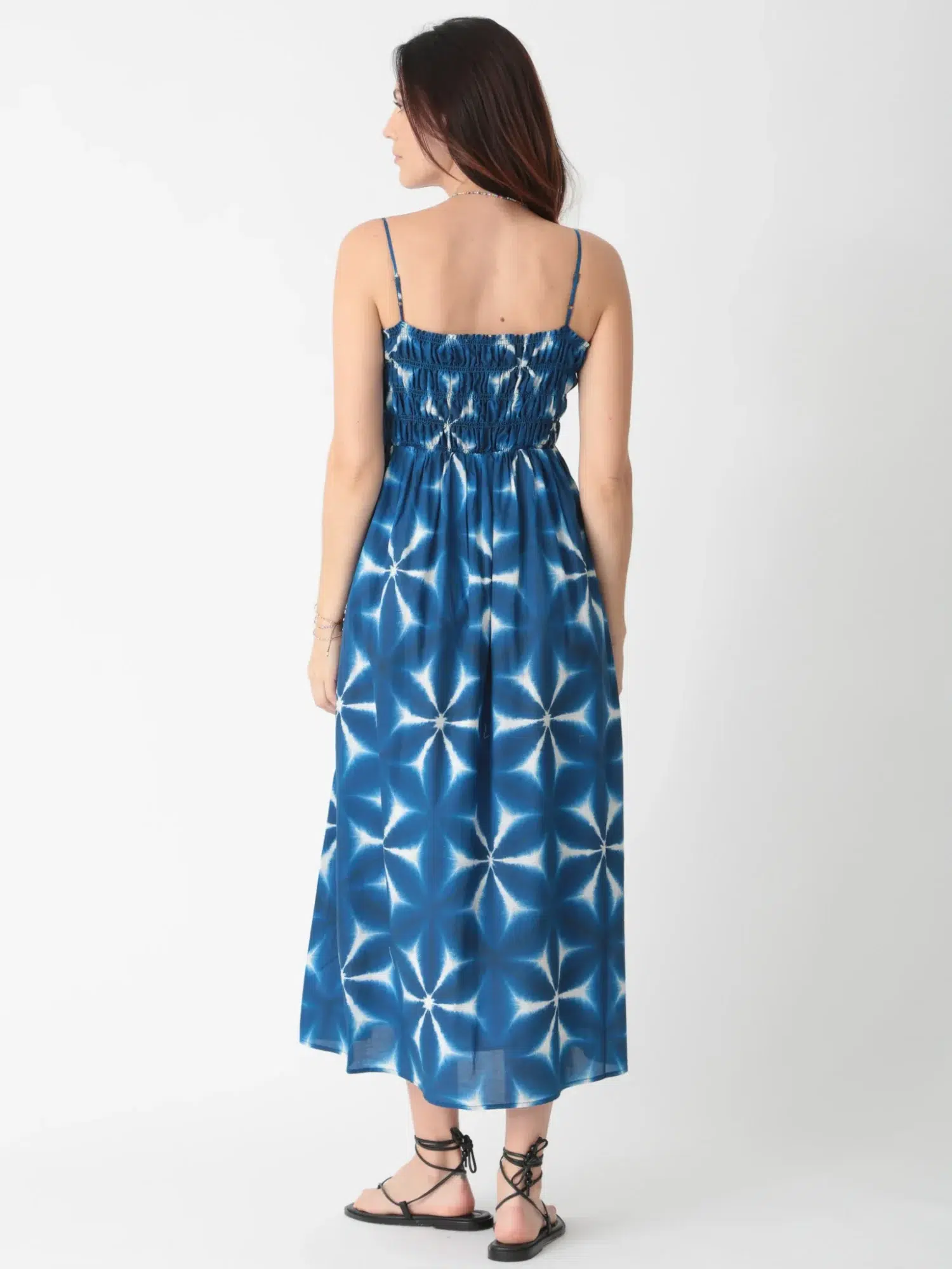 100% cotton printed spaghetti - strap midi dress with blue and white tie - dye pattern